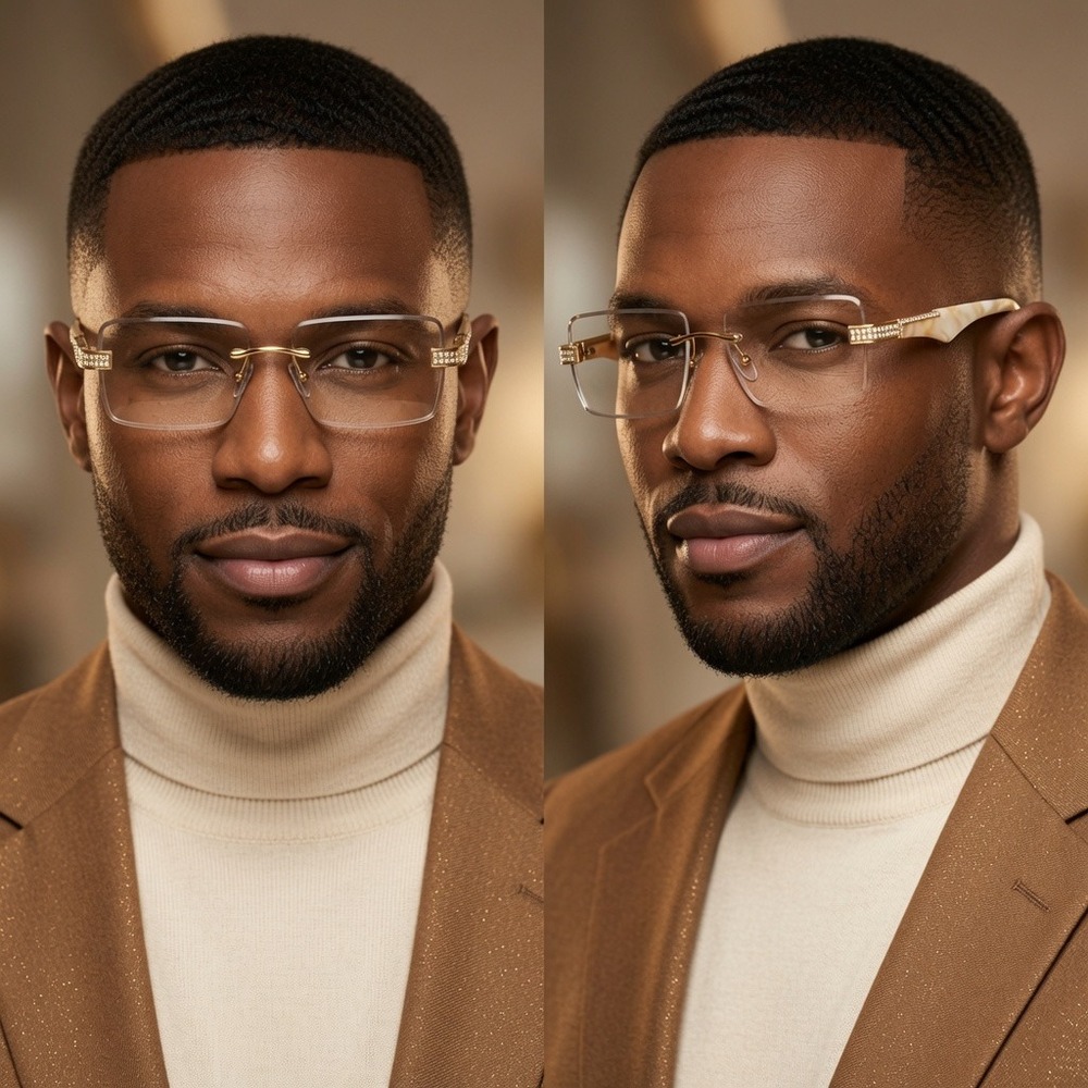 Men Fashion Rimless‎ Sunglasses Rectangle Clear Lens Gold Accent Eyewear Hip Hop
